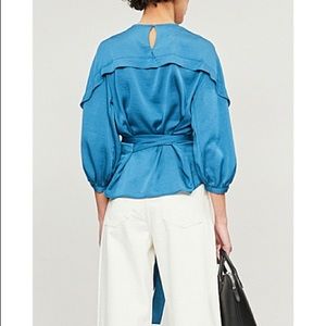 Maje silk blouse in blue, self tie ribbons around waist